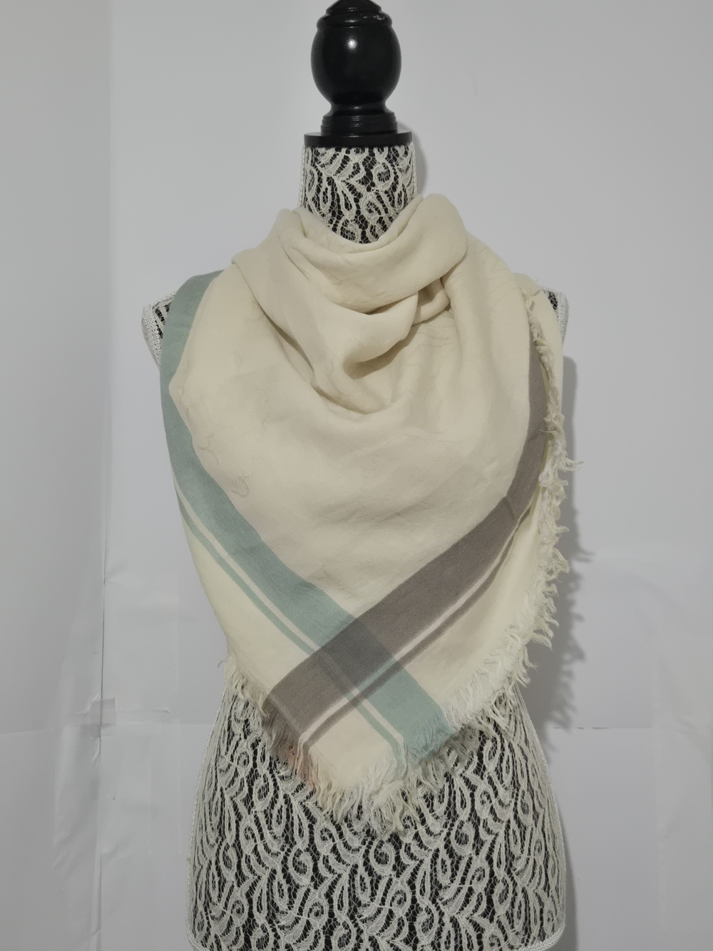Fraas Cream Square Scarf with Sage Green and Gray Stripes